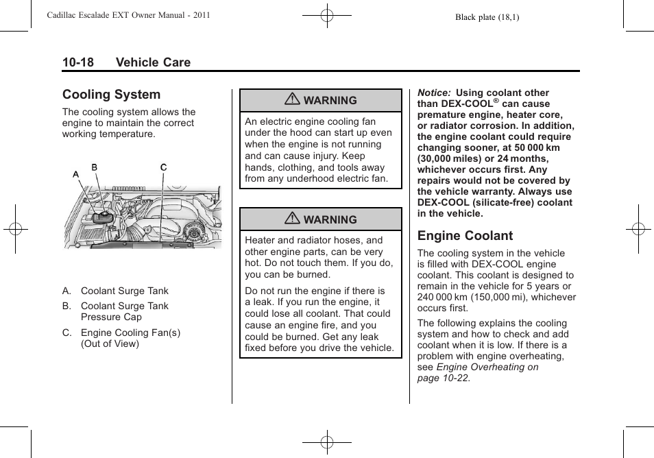 Cooling system, Engine coolant, Cooling system -18 engine coolant -18 | Headlamp | Cadillac 2011 Escalade EXT User Manual | Page 380 / 508