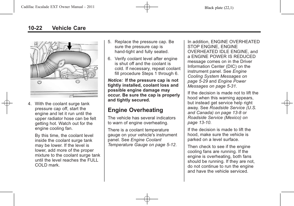 Engine overheating, Engine overheating -22, 22 vehicle care | Cadillac 2011 Escalade EXT User Manual | Page 384 / 508