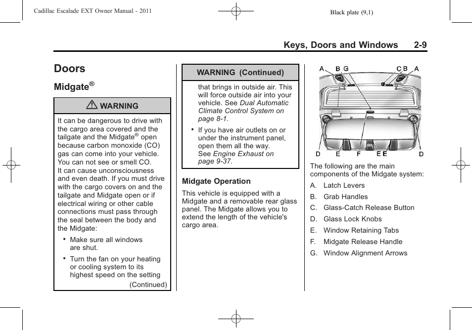 Doors, Midgate, Doors -9 | Warning lights, gauges, Automatic, Keys, doors and windows 2-9 | Cadillac 2011 Escalade EXT User Manual | Page 39 / 508