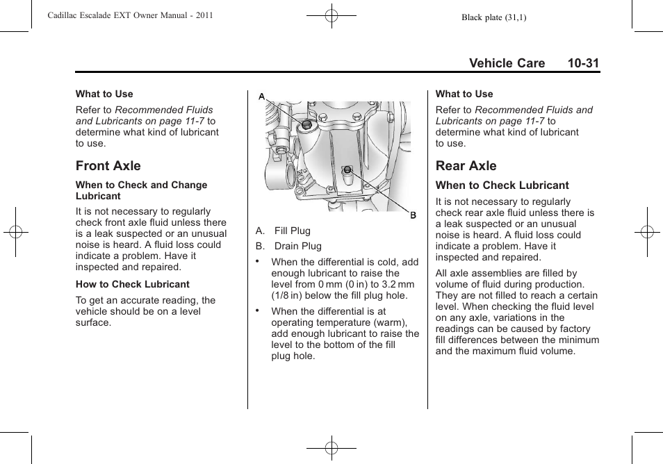 Front axle, Rear axle, Front axle -31 rear axle -31 | Electrical, Vehicle care 10-31 | Cadillac 2011 Escalade EXT User Manual | Page 393 / 508