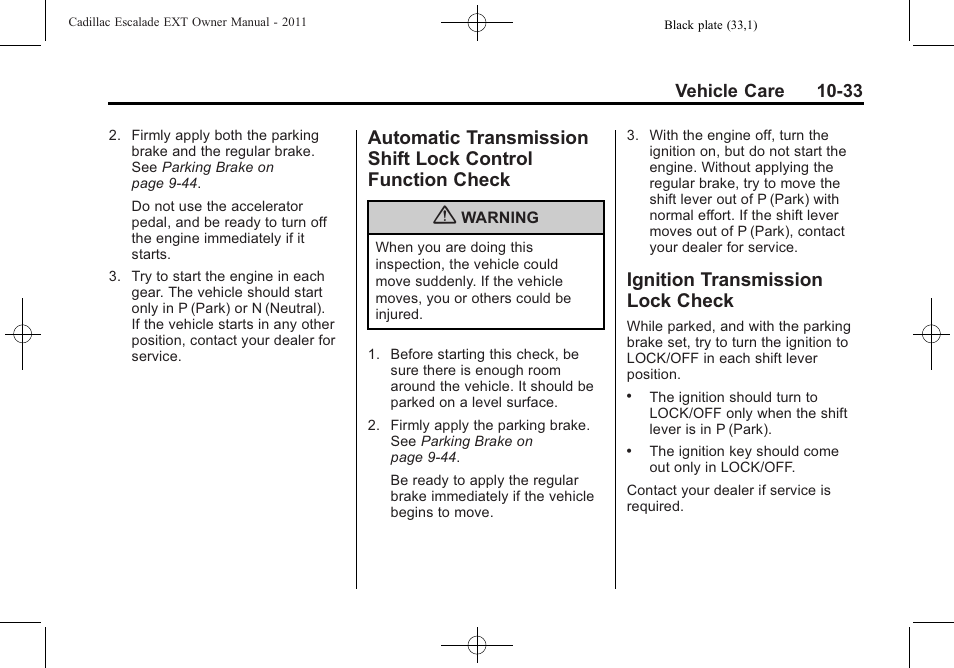 Ignition transmission lock check, Automatic transmission shift, Lock control function check -33 | Ignition transmission lock, Check -33 | Cadillac 2011 Escalade EXT User Manual | Page 395 / 508