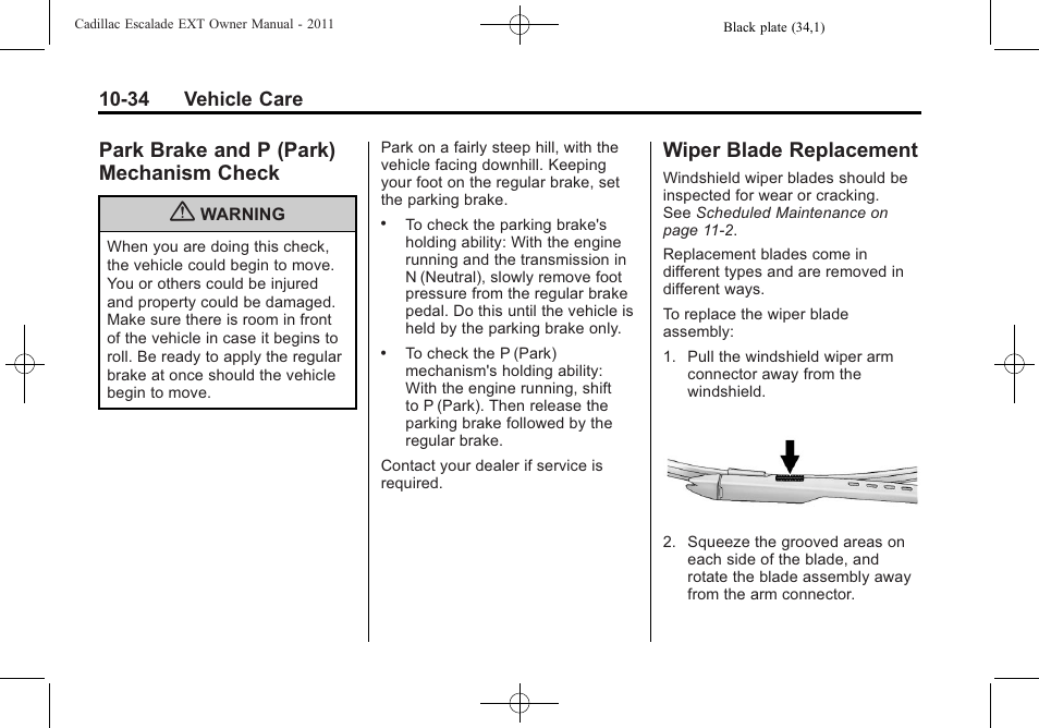 Park brake and p (park) mechanism check, Wiper blade replacement, And p (park) | Mechanism check -34, Wiper blade | Cadillac 2011 Escalade EXT User Manual | Page 396 / 508