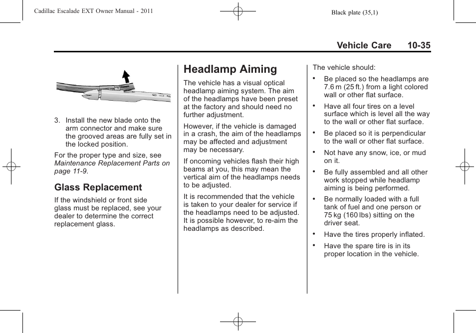 Glass replacement, Headlamp aiming, Headlamp aiming -35 | Glass replacement -35, Aiming -35, Vehicle care 10-35 | Cadillac 2011 Escalade EXT User Manual | Page 397 / 508