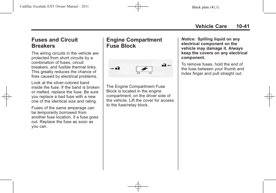 Fuses and circuit breakers, Engine compartment fuse block, Fuses and circuit | Breakers -41, Engine compartment fuse, Block -41 | Cadillac 2011 Escalade EXT User Manual | Page 403 / 508