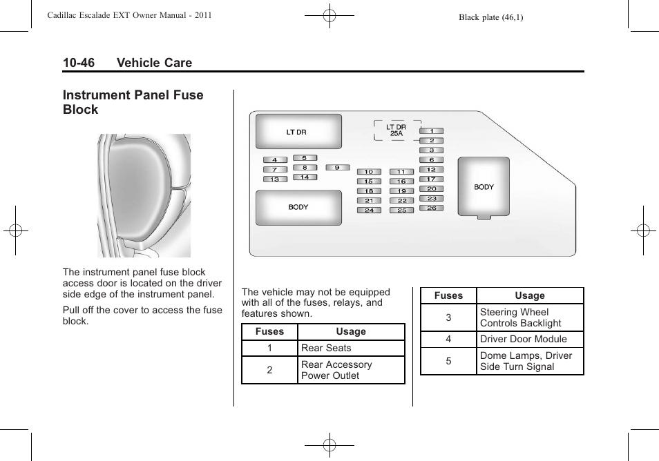 Instrument panel fuse block, Instrument panel fuse, Block -46 | 46 vehicle care | Cadillac 2011 Escalade EXT User Manual | Page 408 / 508