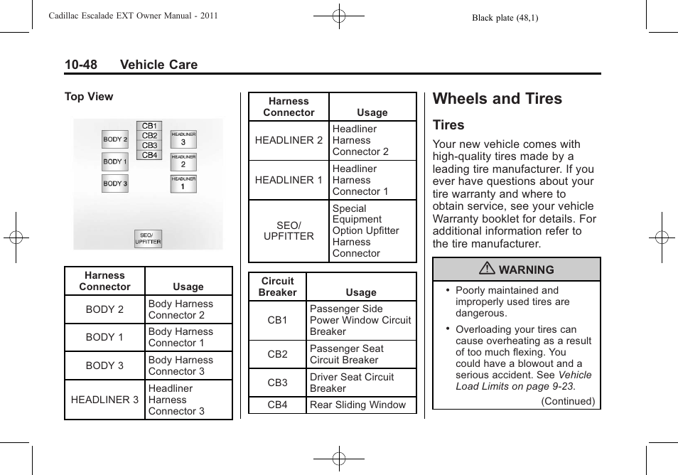 Wheels and tires, Tires, Wheels and tires -48 | Reporting safety defects -16, Tires -48, 48 vehicle care | Cadillac 2011 Escalade EXT User Manual | Page 410 / 508