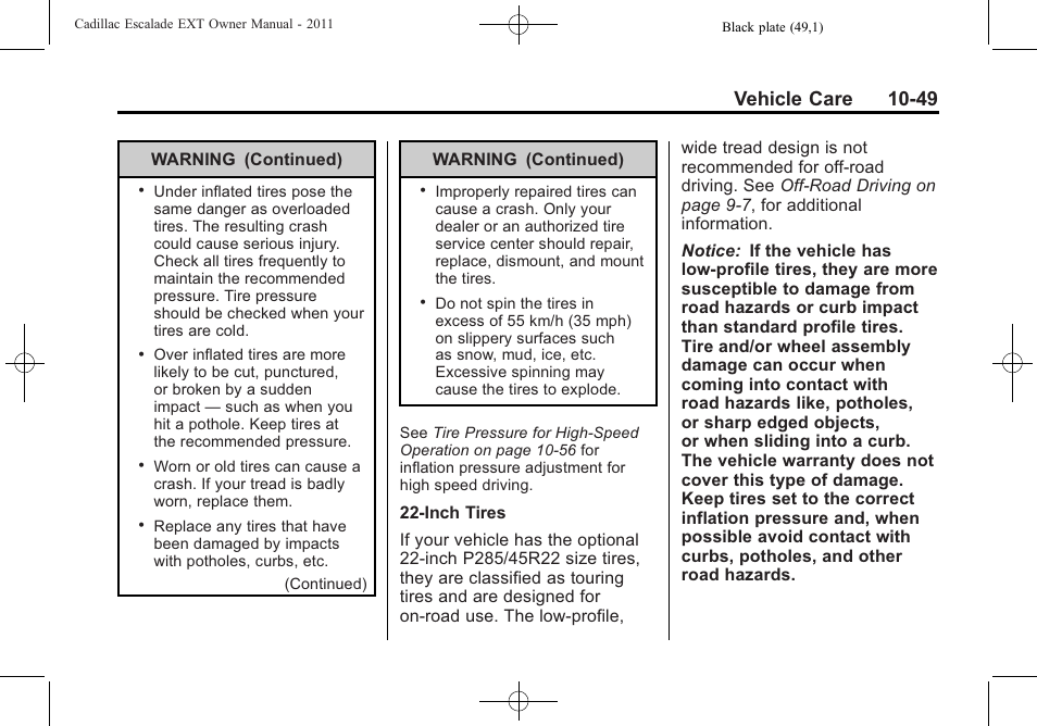 Vehicle care 10-49 | Cadillac 2011 Escalade EXT User Manual | Page 411 / 508