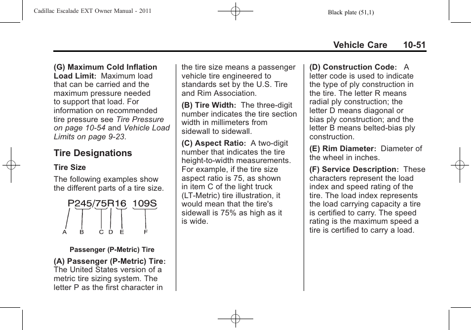 Tire designations, Tire designations -51 | Cadillac 2011 Escalade EXT User Manual | Page 413 / 508