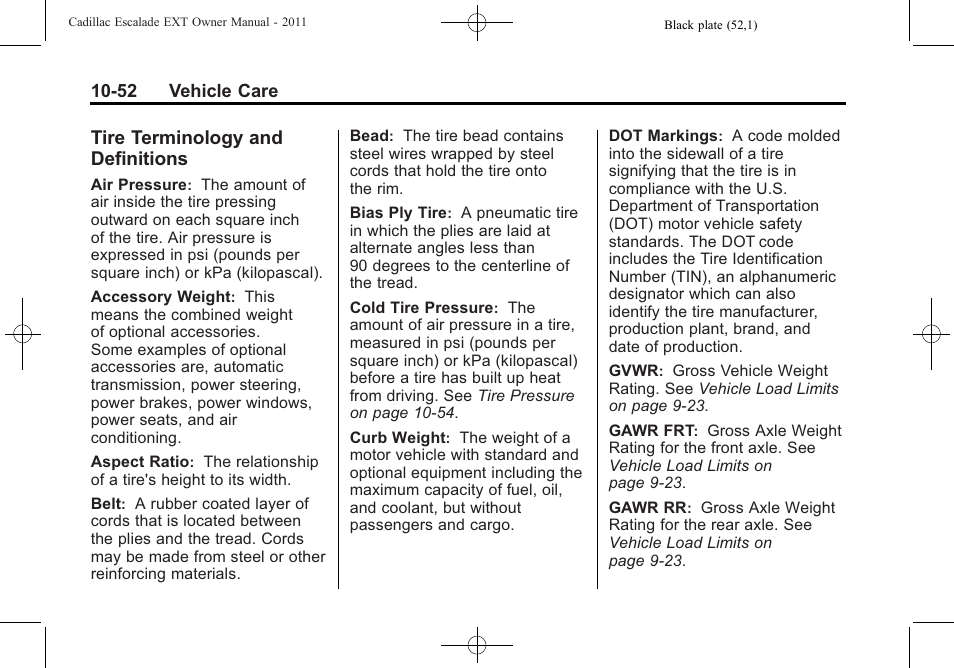 Tire terminology and definitions, Tire terminology and, Definitions -52 | Cadillac 2011 Escalade EXT User Manual | Page 414 / 508