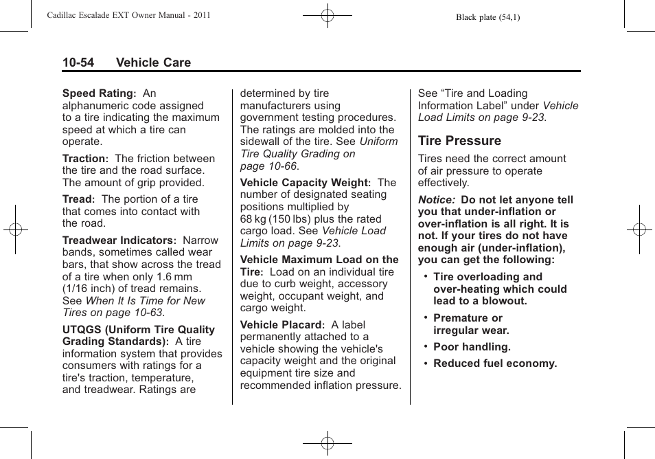 Tire pressure, Tire pressure -54, Wheel | 54 vehicle care | Cadillac 2011 Escalade EXT User Manual | Page 416 / 508