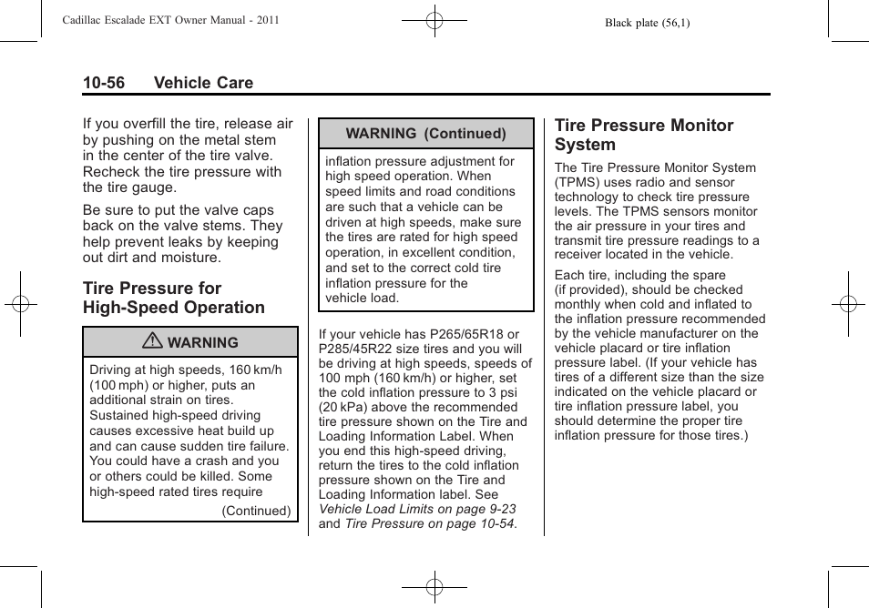 Tire pressure for high-speed operation, Tire pressure monitor system, Tire pressure for high-speed | Operation -56, Tire pressure monitor, System -56 | Cadillac 2011 Escalade EXT User Manual | Page 418 / 508