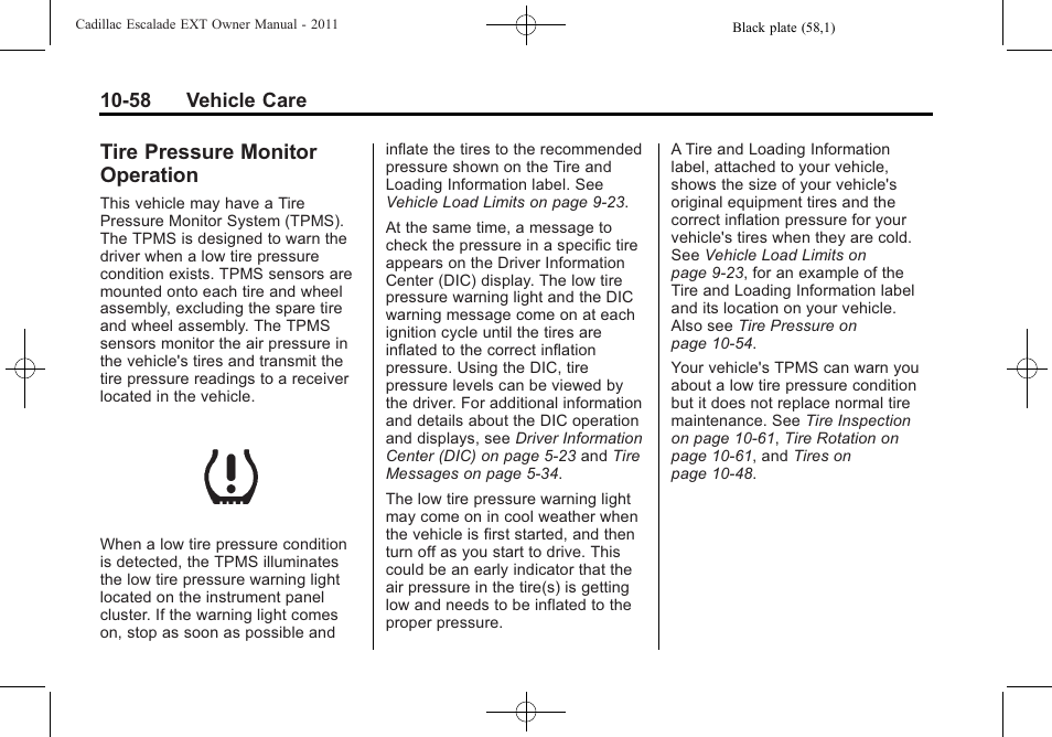 Tire pressure monitor operation, Tire pressure monitor, Operation -58 | Cadillac 2011 Escalade EXT User Manual | Page 420 / 508