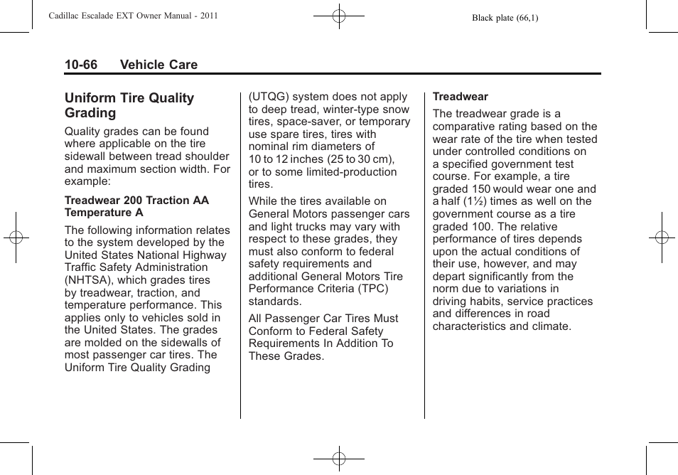 Uniform tire quality grading, Uniform tire quality, Grading -66 | Exterior | Cadillac 2011 Escalade EXT User Manual | Page 428 / 508