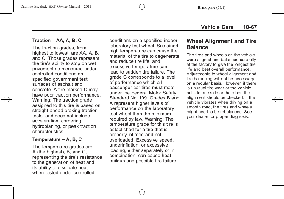 Wheel alignment and tire balance, Wheel alignment and tire, Balance -67 | Cadillac 2011 Escalade EXT User Manual | Page 429 / 508