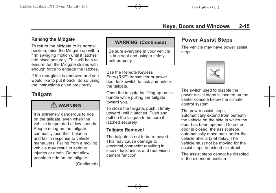 Tailgate, Power assist steps, Tailgate -15 power assist steps -15 | Cadillac 2011 Escalade EXT User Manual | Page 45 / 508