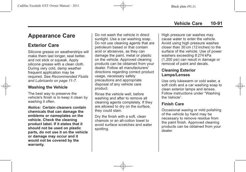 Appearance care, Exterior care, Appearance care -91 | Care -91 | Cadillac 2011 Escalade EXT User Manual | Page 453 / 508