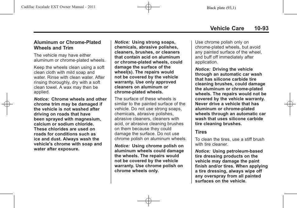 Vehicle care 10-93 | Cadillac 2011 Escalade EXT User Manual | Page 455 / 508