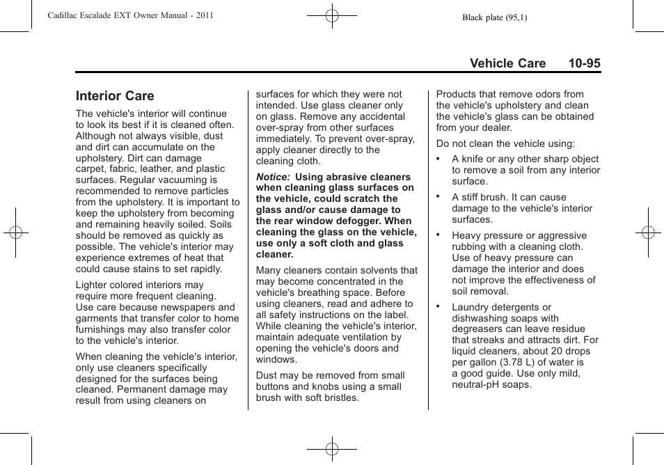 Interior care, Interior care -95, Vehicle care 10-95 | Cadillac 2011 Escalade EXT User Manual | Page 457 / 508