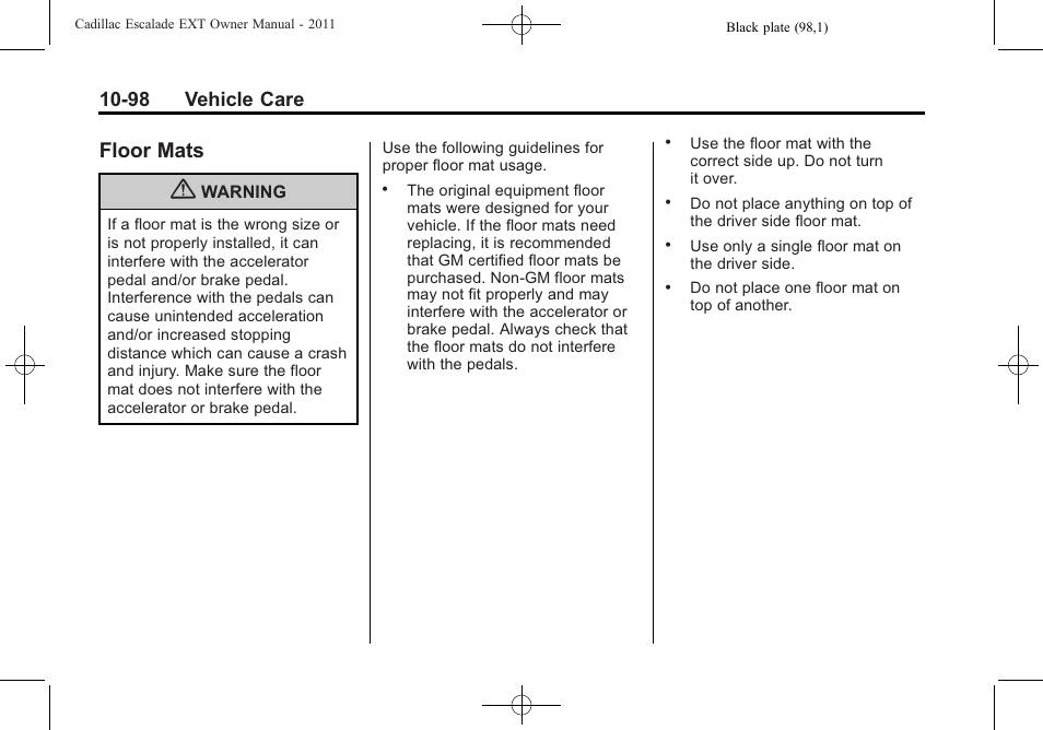 Floor mats, Floor mats -98, 98 vehicle care | Cadillac 2011 Escalade EXT User Manual | Page 460 / 508