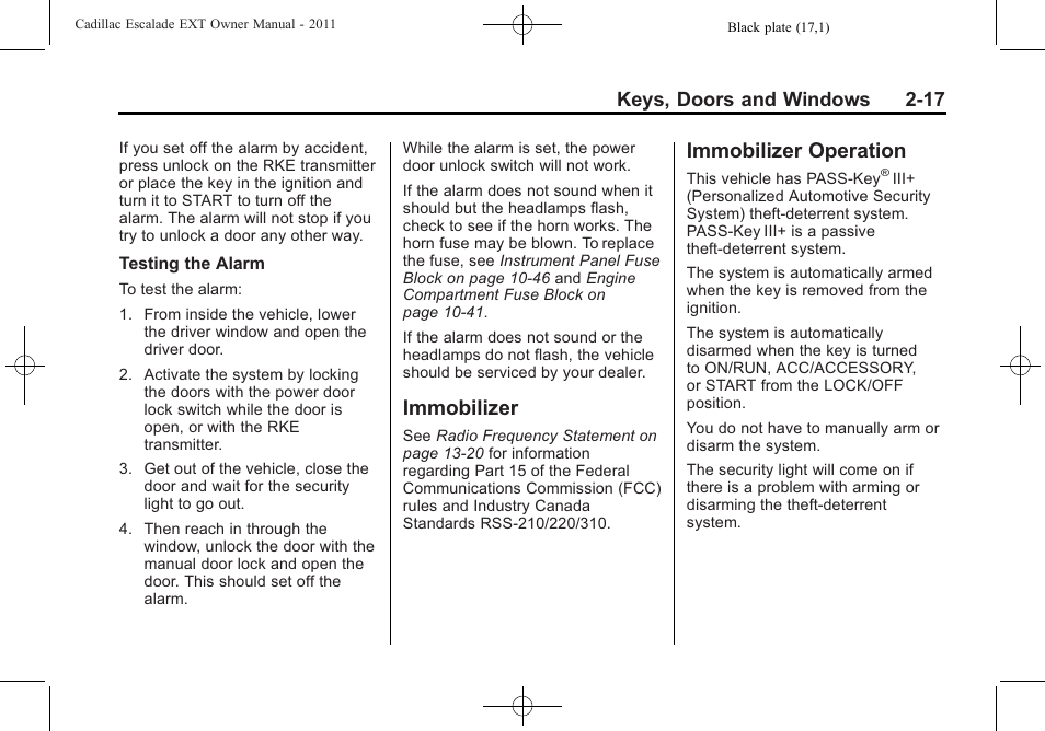 Immobilizer, Immobilizer operation, Immobilizer -17 immobilizer operation -17 | Keys, doors and windows 2-17 | Cadillac 2011 Escalade EXT User Manual | Page 47 / 508