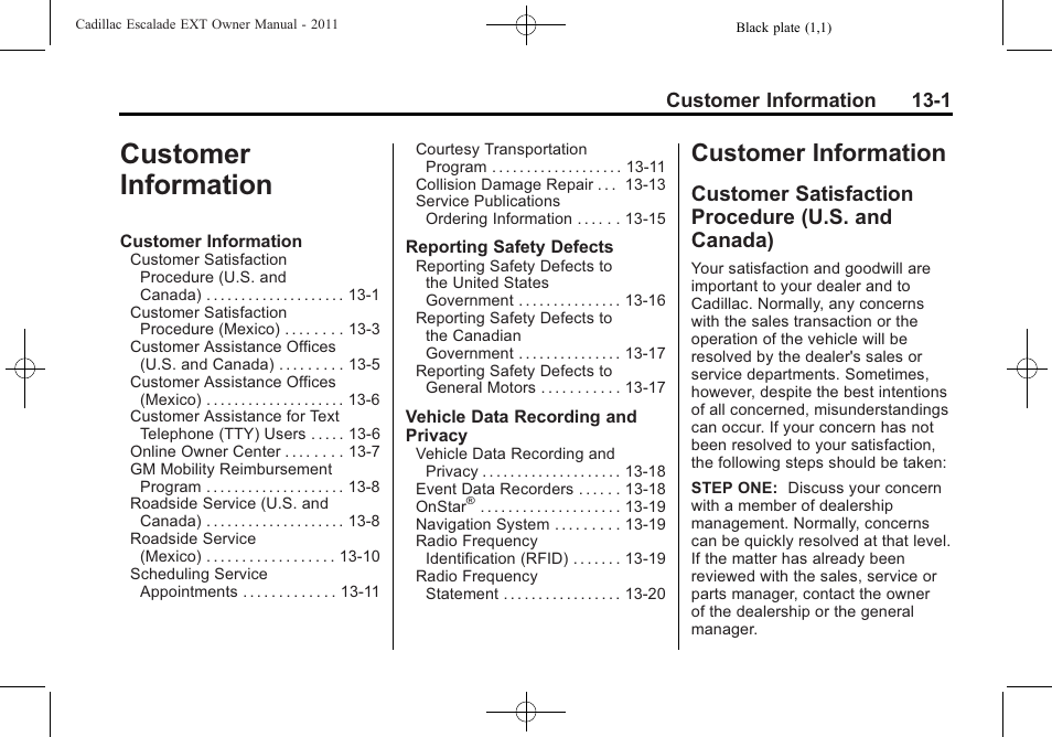 Customer information, Customer satisfaction procedure (u.s. and canada), Information -1 | Customer information 13-1 | Cadillac 2011 Escalade EXT User Manual | Page 477 / 508