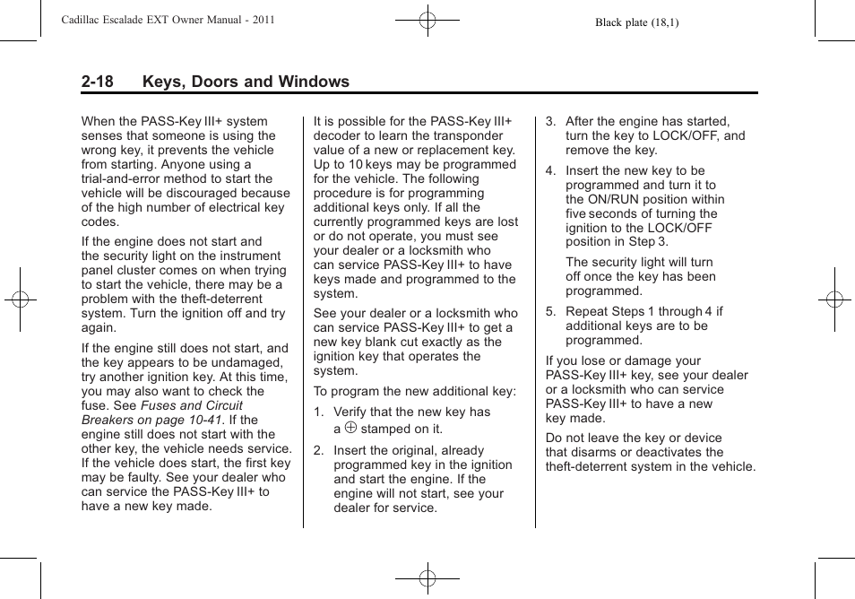 18 keys, doors and windows | Cadillac 2011 Escalade EXT User Manual | Page 48 / 508