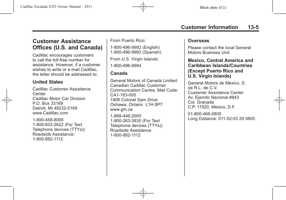 Customer assistance offices (u.s. and canada), Customer assistance offices, U.s. and canada) -5 | Reporting | Cadillac 2011 Escalade EXT User Manual | Page 481 / 508