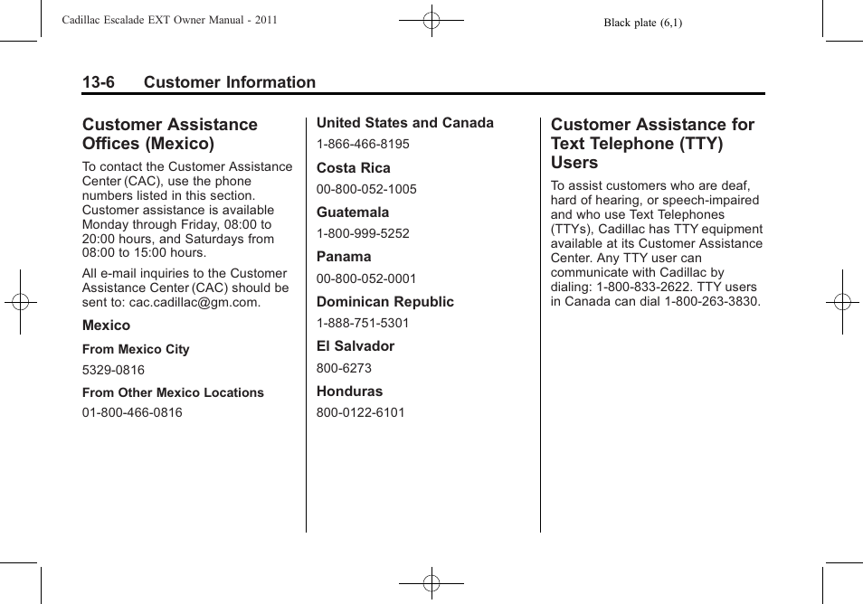 Customer assistance offices (mexico), Customer assistance for text telephone (tty) users, Customer assistance offices | Mexico) -6, Customer assistance for text, Telephone (tty) users -6 | Cadillac 2011 Escalade EXT User Manual | Page 482 / 508