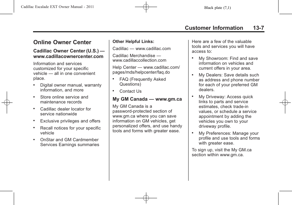 Online owner center, Online owner center -7, Customer information 13-7 | Cadillac 2011 Escalade EXT User Manual | Page 483 / 508