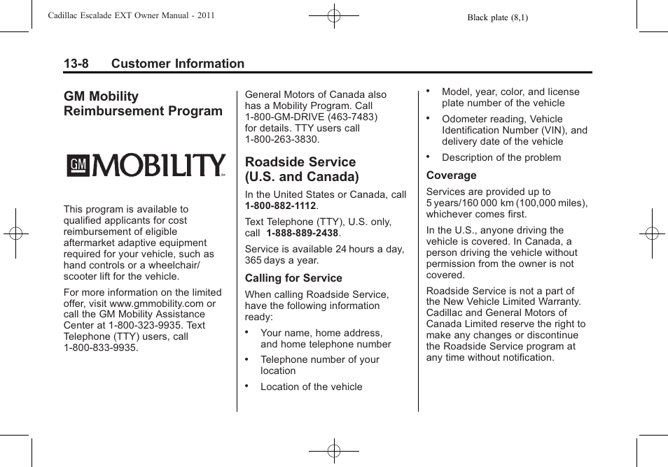 Gm mobility reimbursement program, Roadside service (u.s. and canada), Gm mobility reimbursement | Program -8, Roadside service (u.s. and, Canada) -8, Navigation, 8 customer information | Cadillac 2011 Escalade EXT User Manual | Page 484 / 508