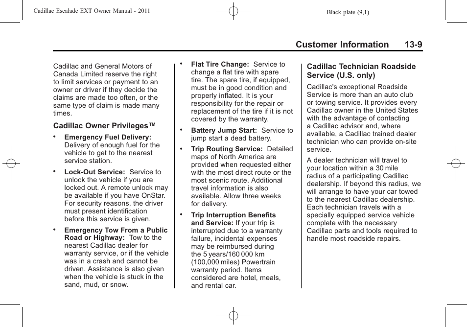 Customer information 13-9 | Cadillac 2011 Escalade EXT User Manual | Page 485 / 508