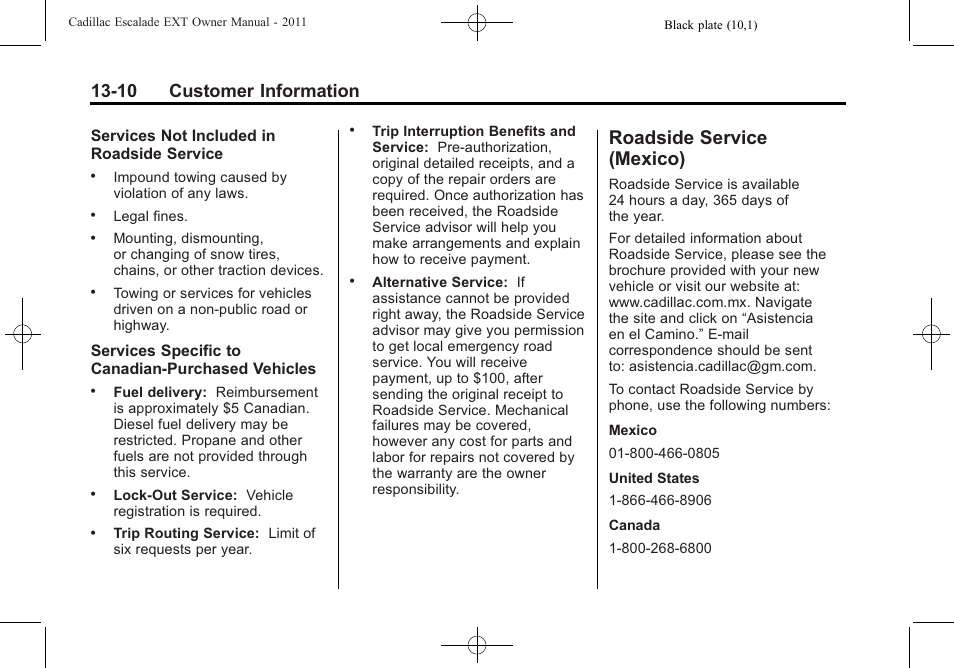 Roadside service (mexico), Roadside service, Mexico) -10 | 10 customer information | Cadillac 2011 Escalade EXT User Manual | Page 486 / 508