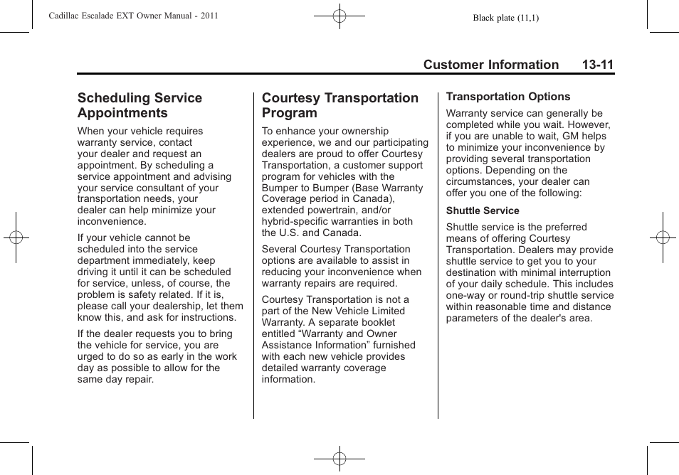 Scheduling service appointments, Courtesy transportation program, Scheduling service | Appointments -11, Courtesy transportation, Program -11 | Cadillac 2011 Escalade EXT User Manual | Page 487 / 508