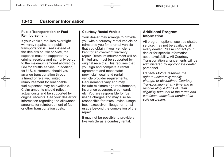 12 customer information | Cadillac 2011 Escalade EXT User Manual | Page 488 / 508