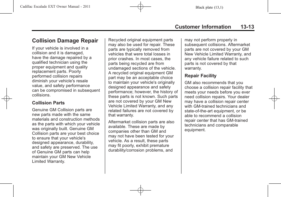 Collision damage repair, Collision damage repair -13 | Cadillac 2011 Escalade EXT User Manual | Page 489 / 508