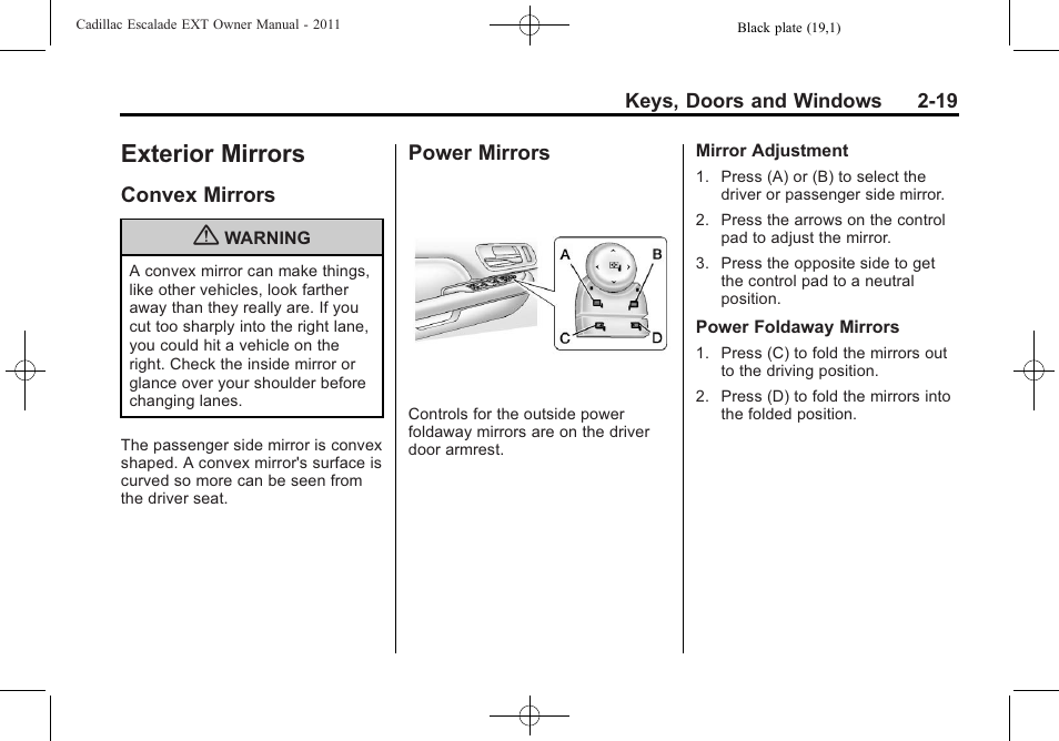 Exterior mirrors, Convex mirrors, Power mirrors | Exterior mirrors -19, Information displays, Convex mirrors -19 power mirrors -19 | Cadillac 2011 Escalade EXT User Manual | Page 49 / 508