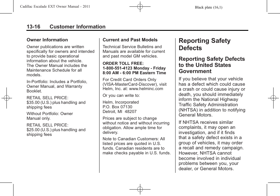 Reporting safety defects, Reporting safety defects to, The united states government -16 | Cadillac 2011 Escalade EXT User Manual | Page 492 / 508