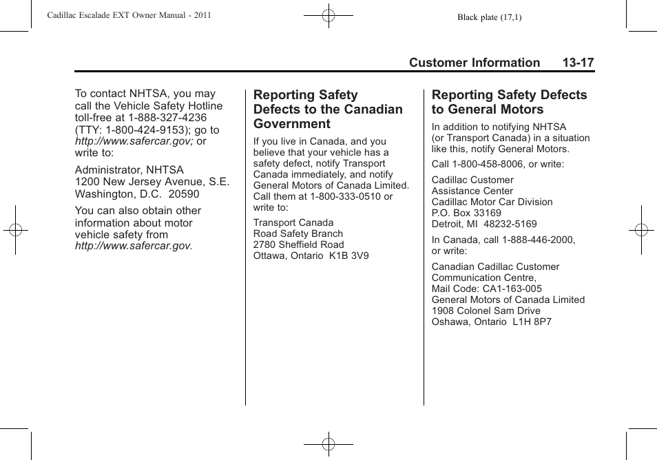 Reporting safety defects to general motors, Reporting safety defects to, The canadian government -17 | Safety defects to, General motors -17 | Cadillac 2011 Escalade EXT User Manual | Page 493 / 508