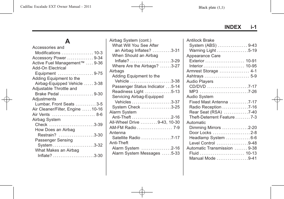 Index, Index_a, Index i-1 | Cadillac 2011 Escalade EXT User Manual | Page 497 / 508