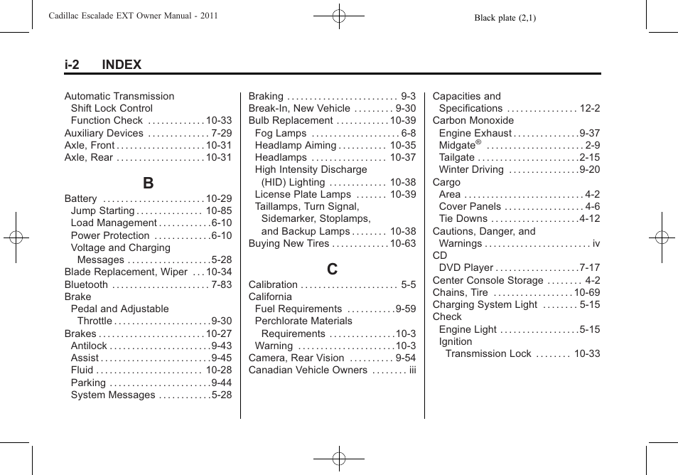 Index_b, Index_c, I-2 index | Cadillac 2011 Escalade EXT User Manual | Page 498 / 508