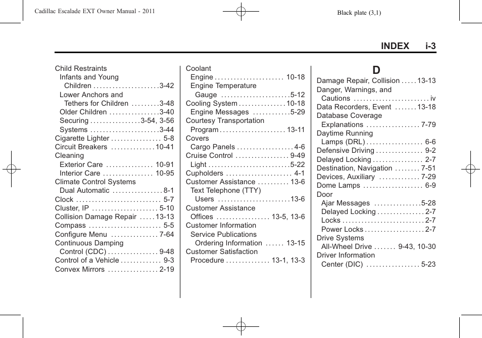 Index_d, Index i-3 | Cadillac 2011 Escalade EXT User Manual | Page 499 / 508