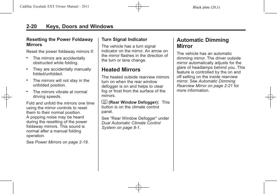 Heated mirrors, Automatic dimming mirror, Heated mirrors -20 automatic dimming mirror -20 | 20 keys, doors and windows | Cadillac 2011 Escalade EXT User Manual | Page 50 / 508