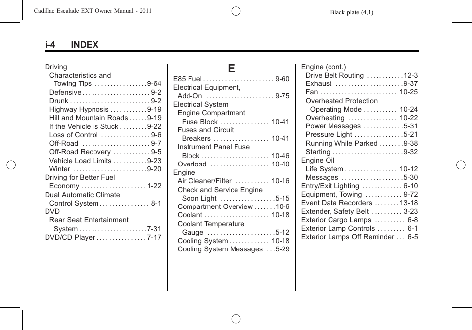 Index_e, I-4 index | Cadillac 2011 Escalade EXT User Manual | Page 500 / 508