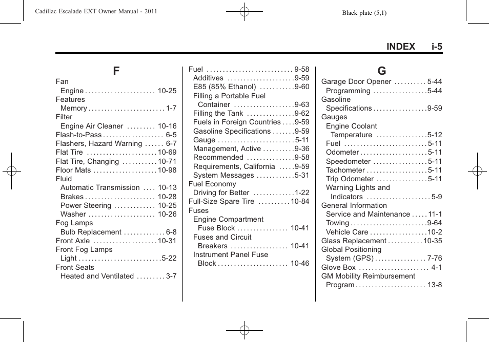 Index_f, Index_g, Index i-5 | Cadillac 2011 Escalade EXT User Manual | Page 501 / 508