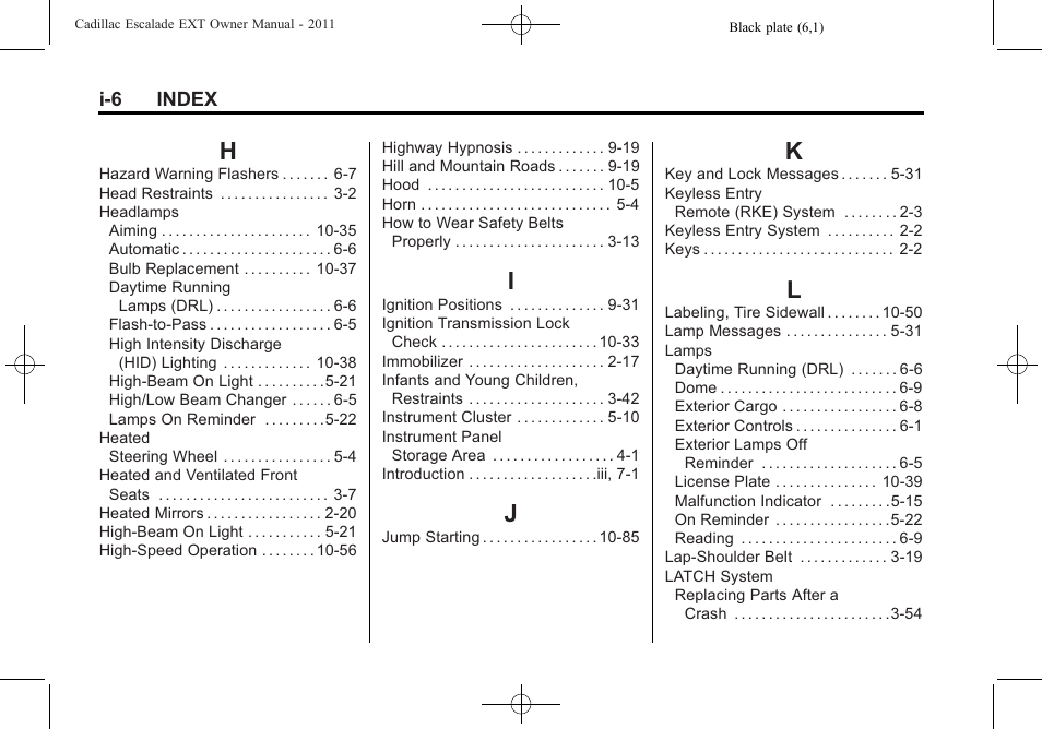 Index_h, Index_i, Index_j | Index_k, Index_l | Cadillac 2011 Escalade EXT User Manual | Page 502 / 508