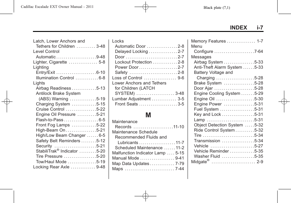 Index_m, Index i-7 | Cadillac 2011 Escalade EXT User Manual | Page 503 / 508