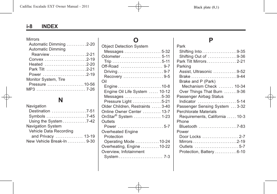 Index_n, Index_o, Index_p | I-8 index | Cadillac 2011 Escalade EXT User Manual | Page 504 / 508