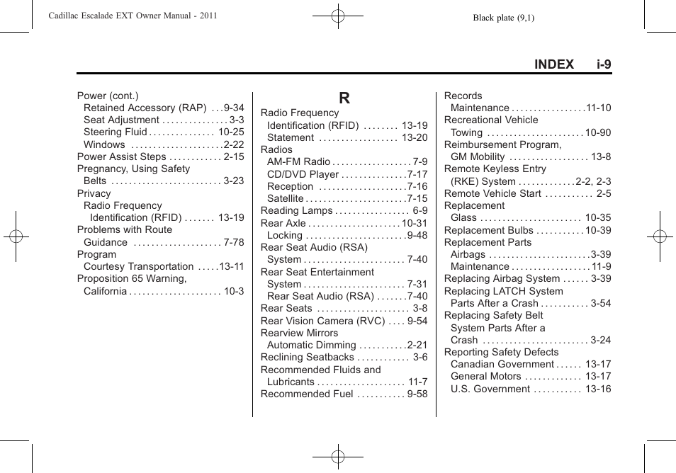 Index_r, Index i-9 | Cadillac 2011 Escalade EXT User Manual | Page 505 / 508