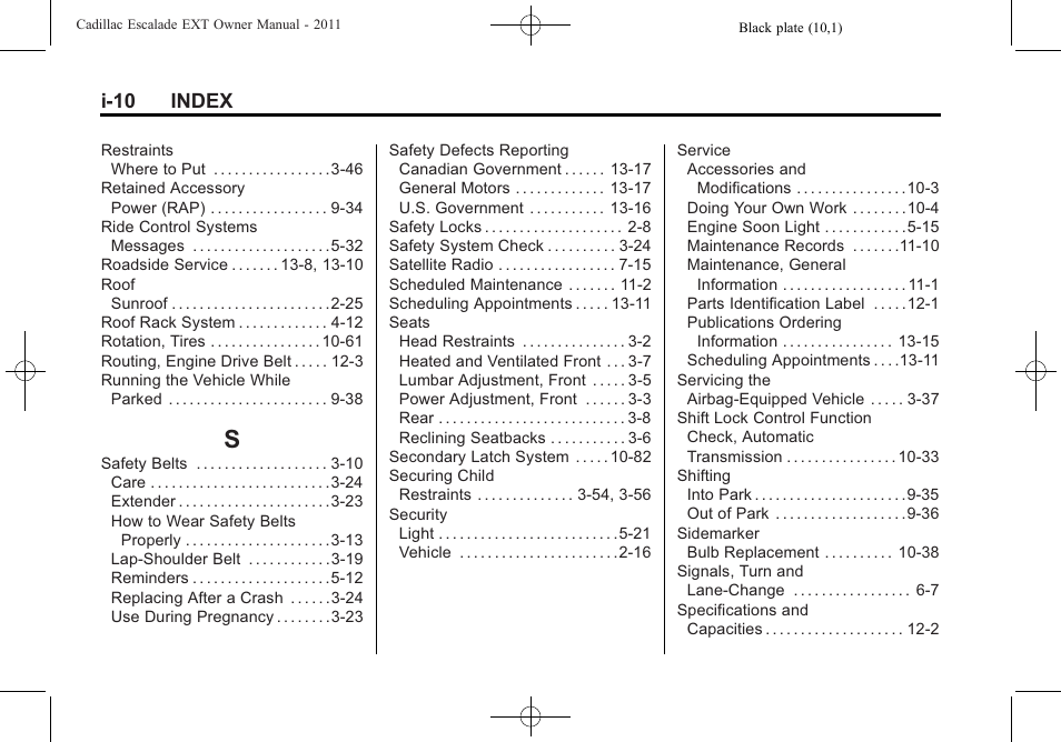 Index_s, I-10 index | Cadillac 2011 Escalade EXT User Manual | Page 506 / 508