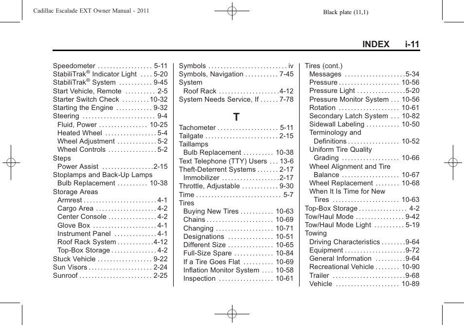 Index_t, Index i-11 | Cadillac 2011 Escalade EXT User Manual | Page 507 / 508